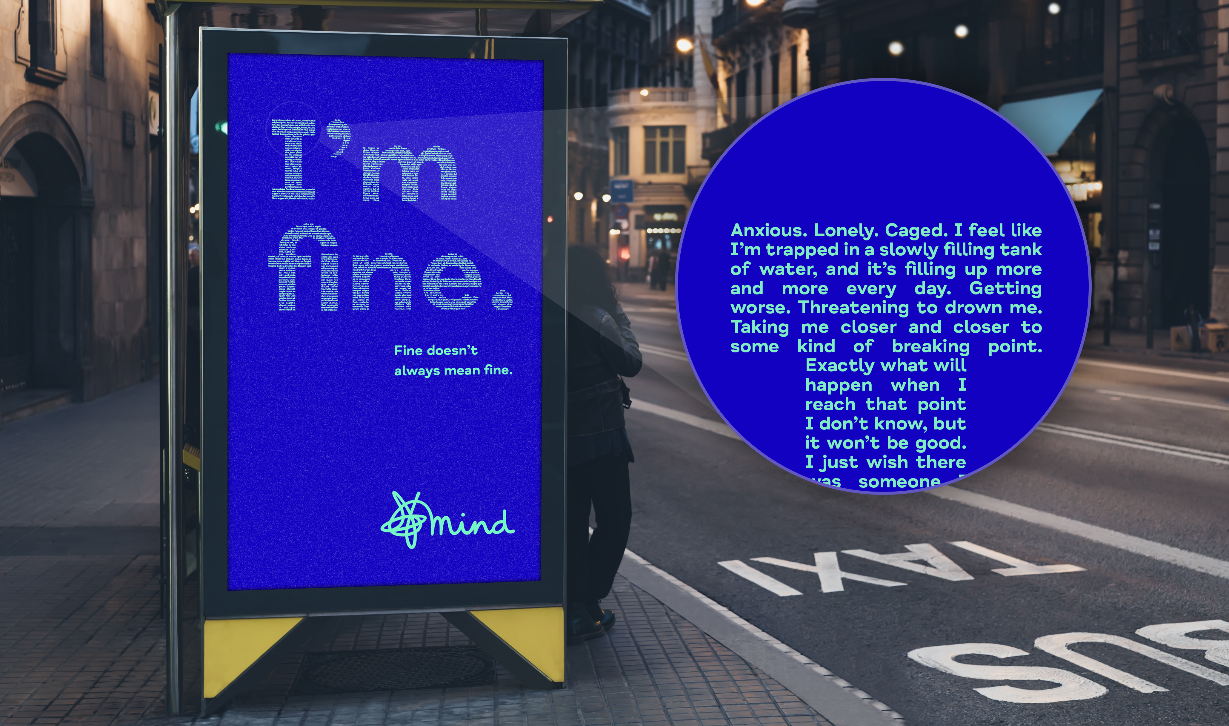 Mind I’m Fine bus-stop campaign execution with magnified hidden message